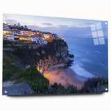 Acrylic glass artwork showcasing vibrant landscapes with dramatic cliffs, viewed from the side, featuring sleek pins for mounting, perfect for modern decor.