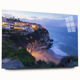 Acrylic artwork showcasing vibrant landscapes with dramatic cliffs, presented in a sleek glass frame, highlighting natural beauty and artistic detail.