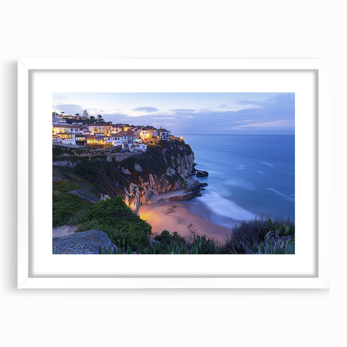 Framed landscape print showcasing dramatic cliffs against a serene sky, featuring a white mat for added elegance, perfect for enhancing modern decor.