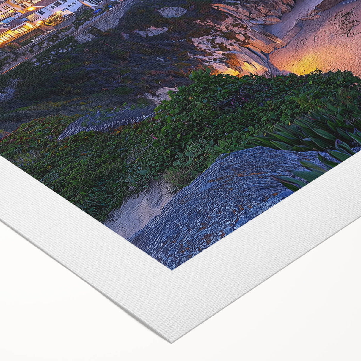 Vibrant rolled canvas artwork showcasing a stunning landscape of cliffs against a bright sky, perfect for enhancing home decor with natural beauty.