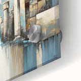 Abstract architectural wall art design featuring intricate geometric patterns in vibrant colors, printed on acrylic glass for a modern aesthetic. The close-up showcases the vivid details and textures, perfect for contemporary home decor.