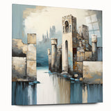 Abstract wall art featuring a modern architectural design, showcased in a sleek acrylic glass frame from a side view, emphasizing its contemporary aesthetic and vibrant colors. Perfect for enhancing interior decor.