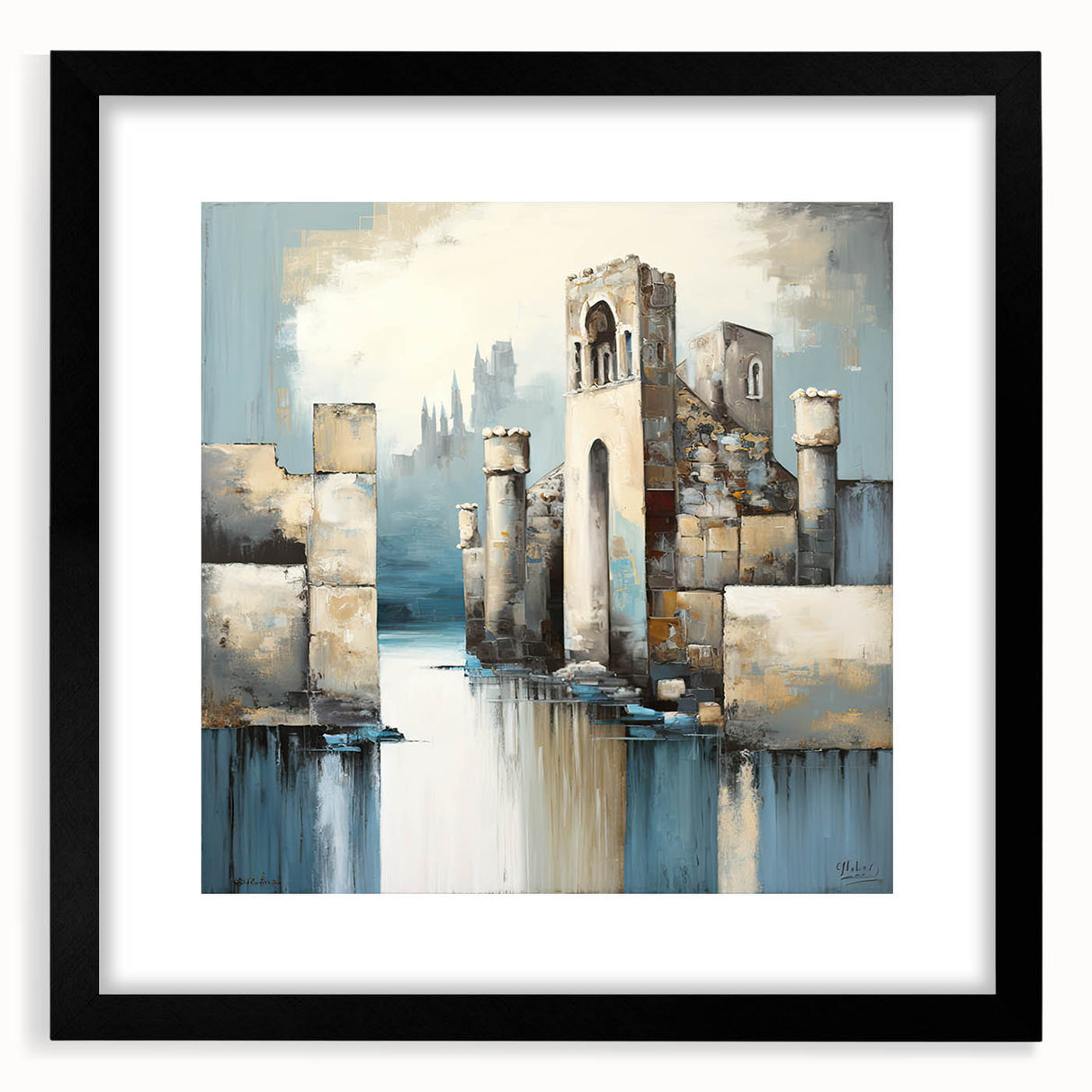 Abstract architecture wall art framed with a black mat, showcasing geometric shapes and lines in a modern design, perfect for contemporary home decor.