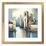 Abstract architecture wall art framed in gold, showcasing a modern design with geometric patterns and soft color gradients, perfect for contemporary interiors.