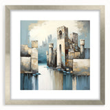 Abstract architectural wall art print featuring a sleek silver frame and mat, showcasing geometric shapes and lines, perfect for modern home decor.