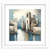 Abstract architectural wall art framed with a white mat, showcasing geometric shapes and muted colors, ideal for modern home decor. Perfect for adding sophistication to interior spaces.