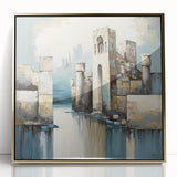 Framed abstract architecture wall art with a gold acrylic finish, showcasing geometric shapes and modern design elements, ideal for contemporary home decor.