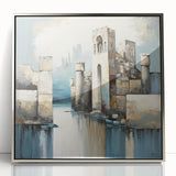 Framed abstract architecture wall art in silver acrylic, showcasing geometric patterns and modern design elements, perfect for contemporary home decor.