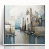 Framed abstract architecture wall art featuring geometric shapes in white and gray tones, elegantly displayed in acrylic for a modern aesthetic. Perfect for contemporary decor.