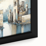 Abstract architectural wall art close-up featuring geometric shapes and vibrant colors, elegantly framed on canvas, ideal for modern home decor.