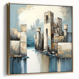 Abstract architectural wall art featuring a blend of silver and gold tones on a framed canvas, showcasing modern design elements ideal for contemporary interiors.