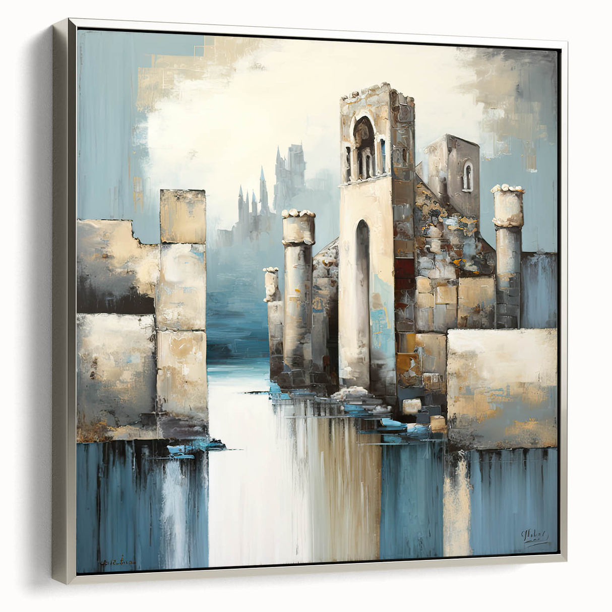 Framed canvas wall art showcasing an abstract architectural design in silver tones, perfect for modern interiors, viewed from the side to highlight its depth and elegance.