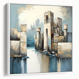 Framed abstract architecture wall art in a sleek white frame, showcasing geometric shapes and soft color gradients, ideal for modern interior decor. This elegant piece adds a contemporary touch to any living space or office.