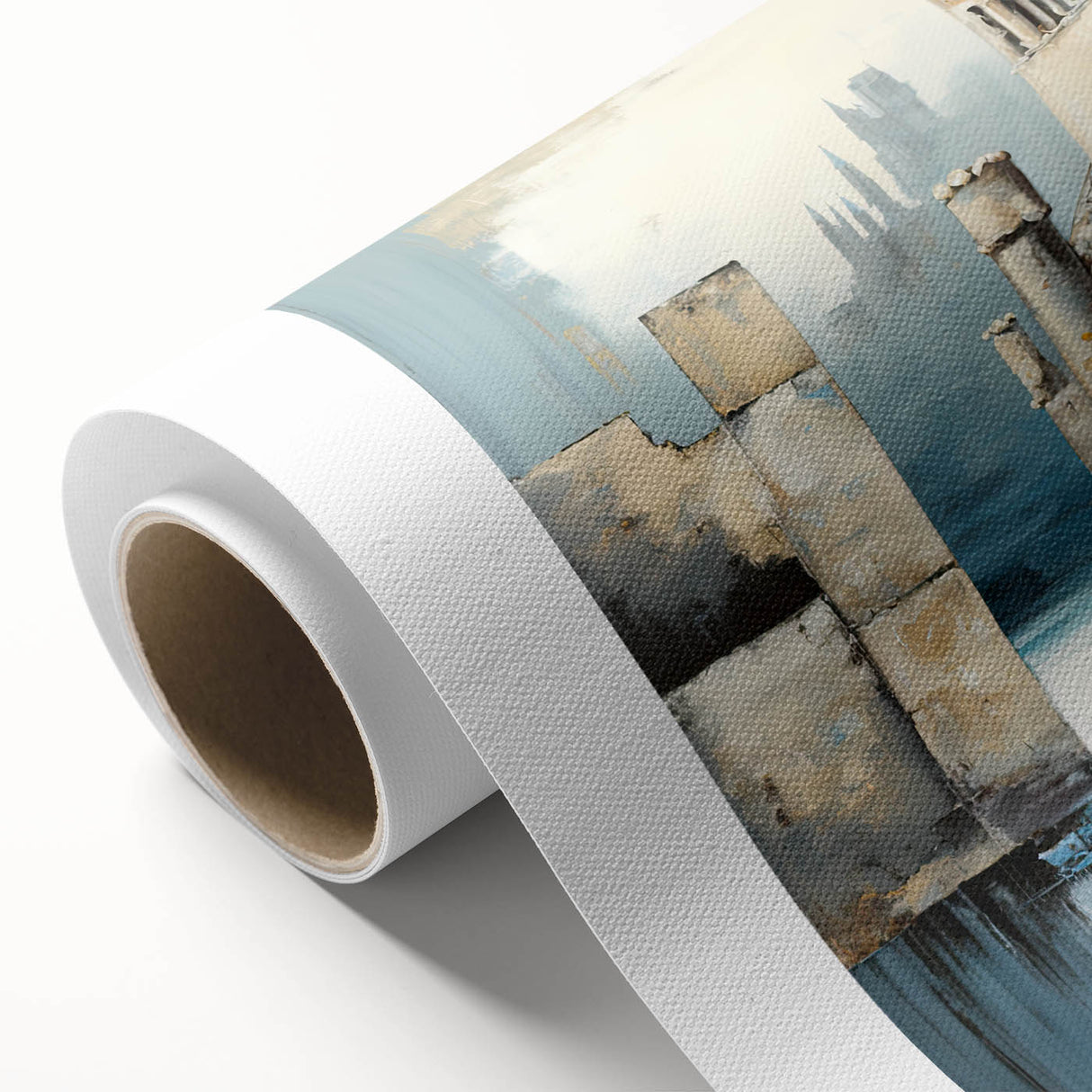 Abstract architectural wall art on rolled canvas showcasing geometric shapes in shades of blue and gold, designed to add a modern touch to any interior space.