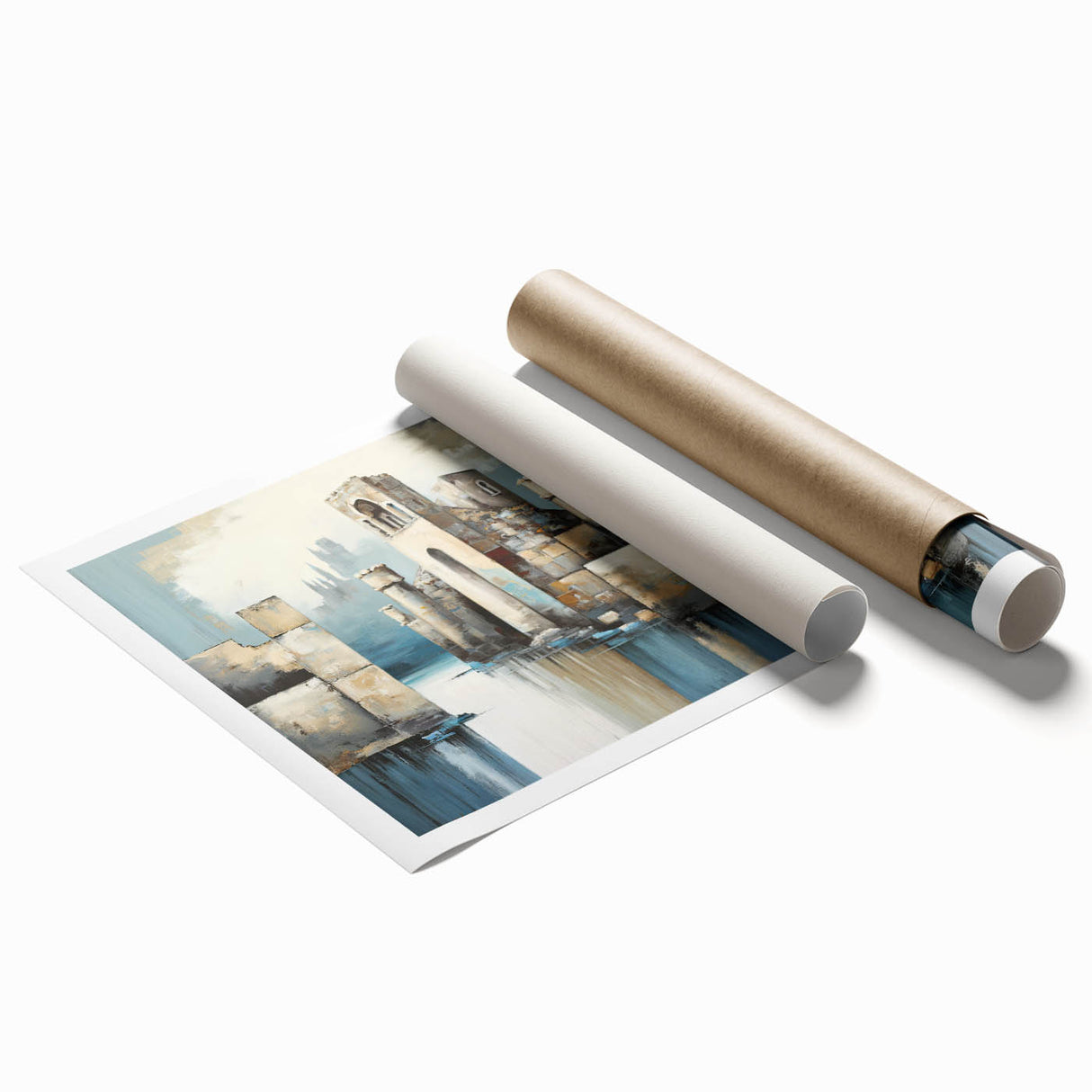 Abstract architecture wall art print showcasing bold geometric shapes and vibrant colors, rolled and ready for display, perfect for modern home decor.