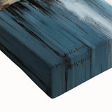 Close-up of a modern abstract architecture wall art piece on stretched canvas, showcasing intricate geometric patterns in vibrant blue and orange hues, perfect for contemporary home decor.