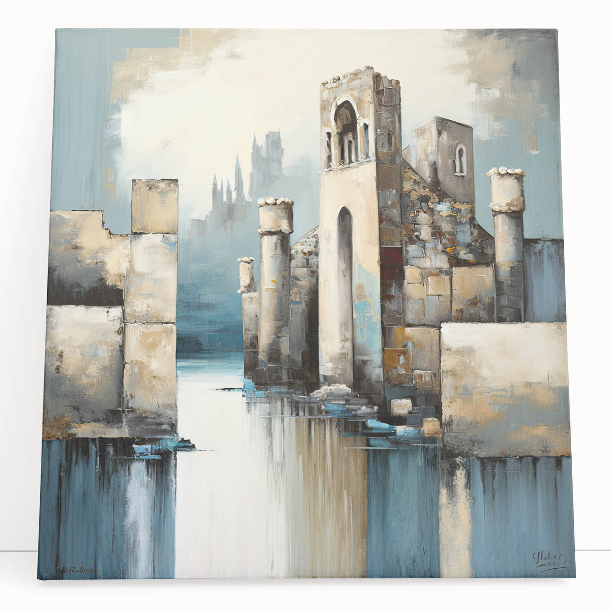 Abstract architectural wall art displayed on a stretched canvas, featuring geometric shapes in shades of blue and gold, leaning against a modern white wall, perfect for contemporary home decor.