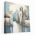 Abstract architectural wall art on a stretched canvas, showcasing geometric shapes and vibrant colors, ideal for modern home decor or office spaces.