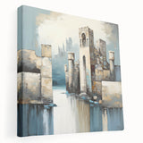 Abstract architectural wall art on a stretched canvas, showcasing geometric shapes and vibrant colors, ideal for modern home decor or office spaces.