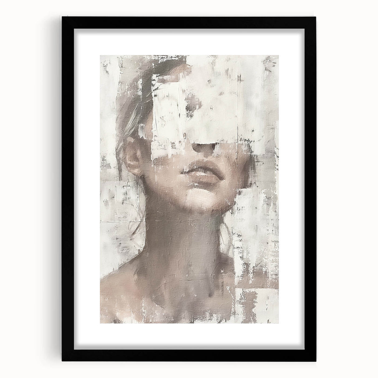 Abstract figurative wall art framed in black with a white mat, showcasing colorful geometric shapes. Ideal for modern home decor, adding a vibrant touch to living spaces.