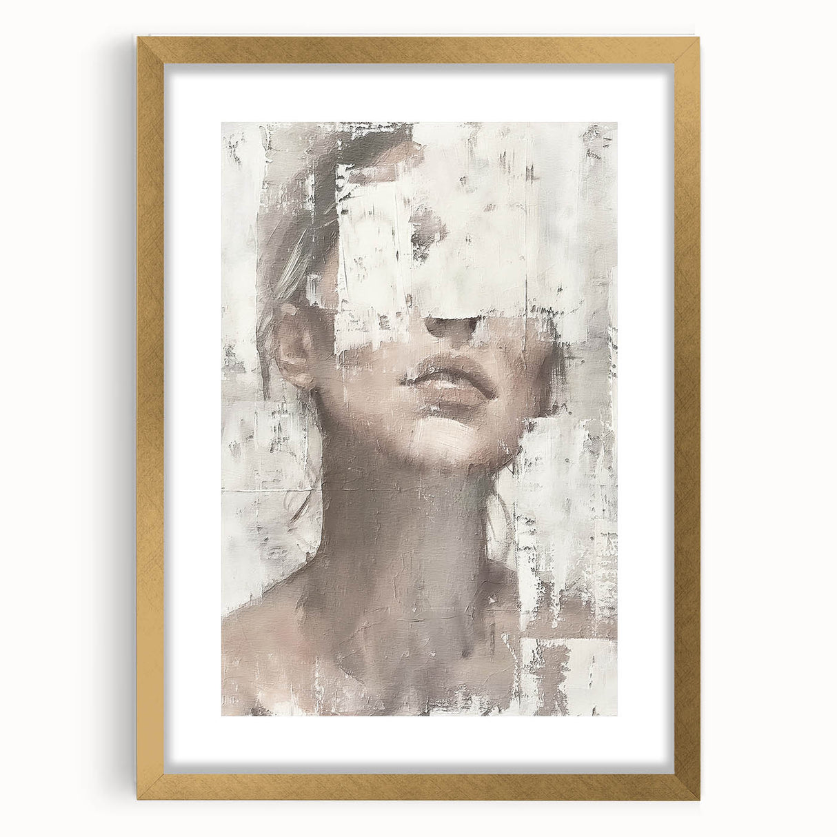 Abstract figurative wall art framed in gold with a mat, showcasing vibrant colors and intricate designs, perfect for modern home decor.