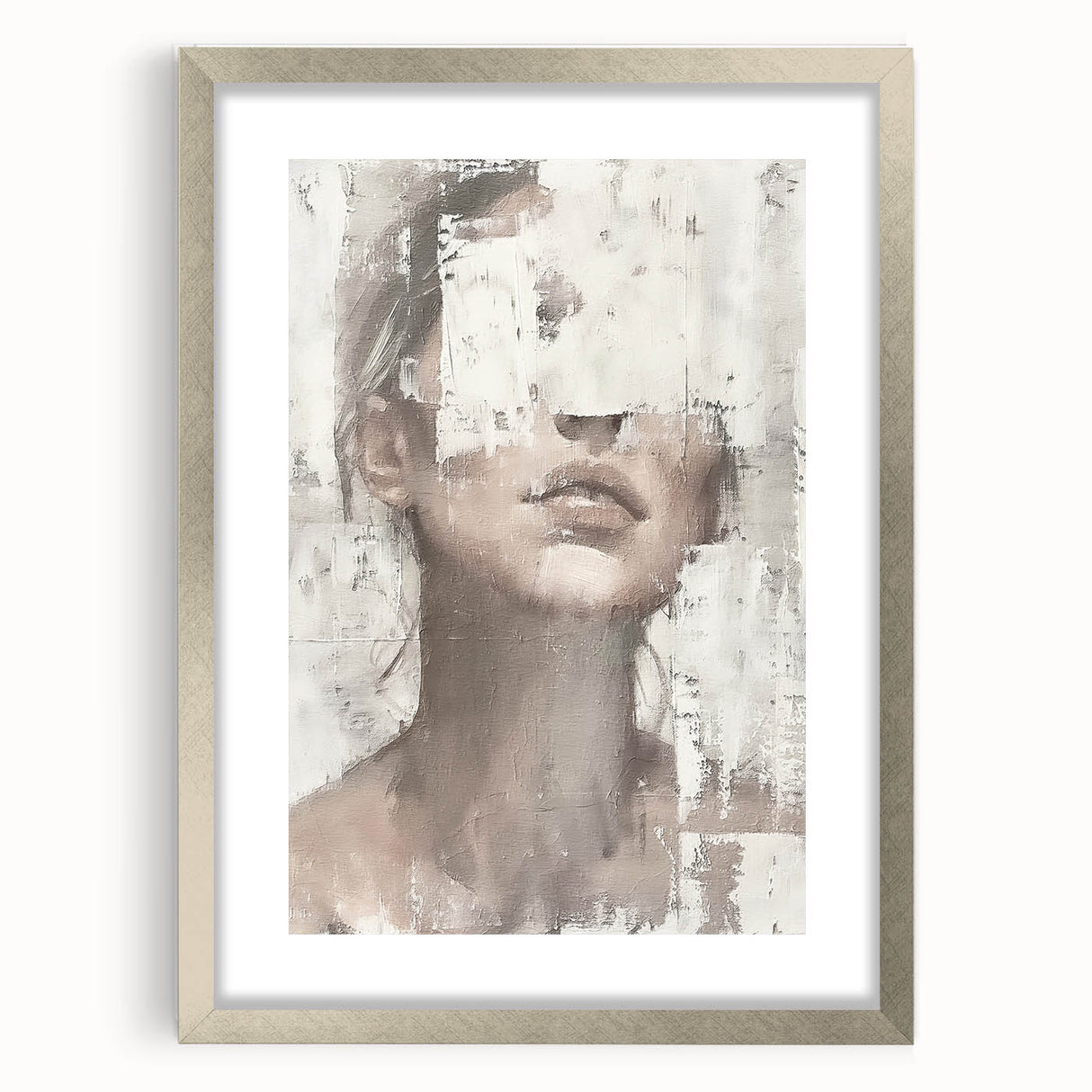 Abstract figurative wall art framed in silver with a mat, showcasing a modern design that adds elegance to any interior décor, perfect for contemporary spaces.
