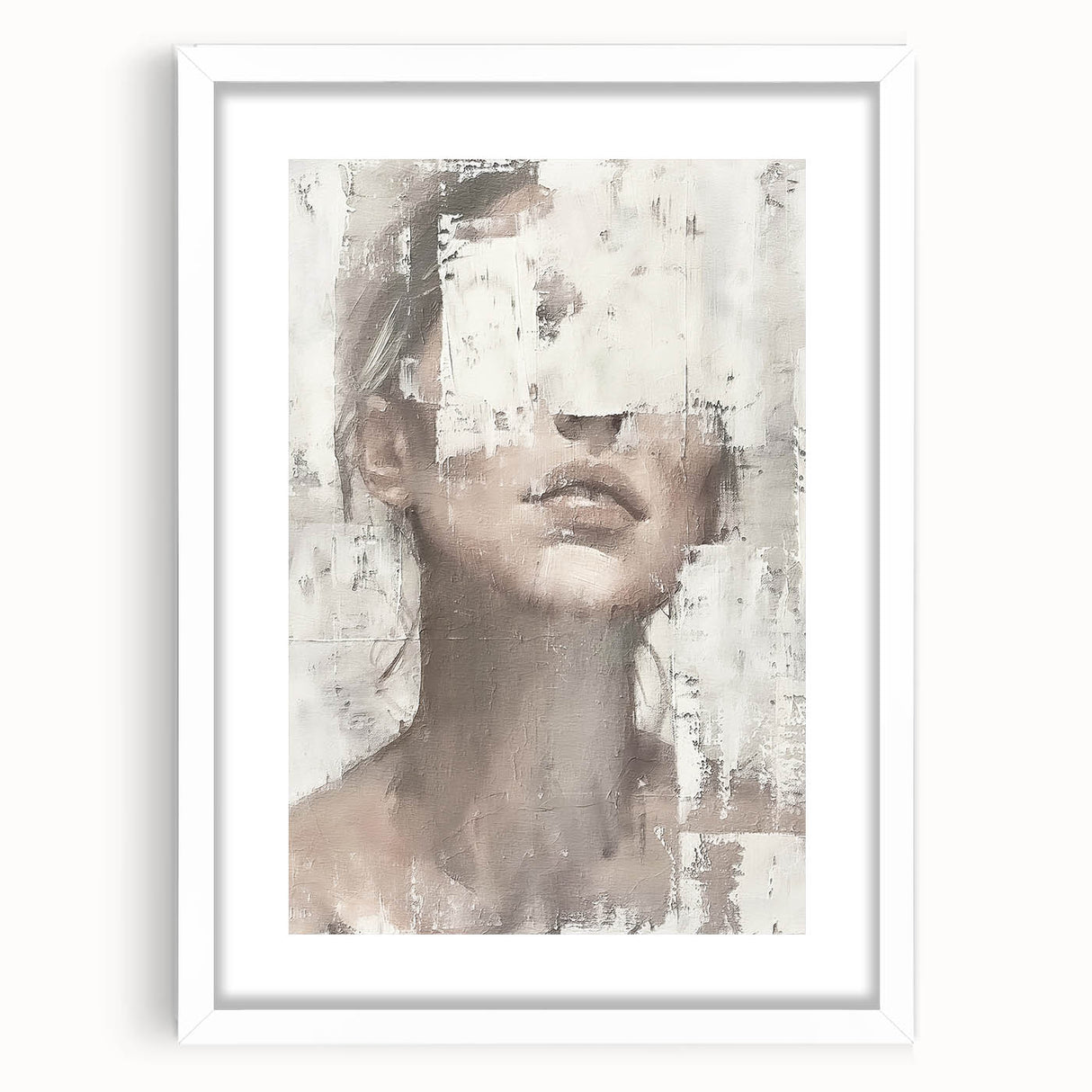 Abstract figurative wall art framed with a white mat, showcasing vibrant colors and intricate designs, perfect for modern home decor and artistic expression.