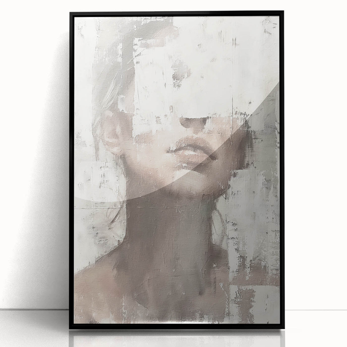 Framed abstract figurative wall art featuring bold colors and dynamic shapes, displayed in a sleek black frame, perfect for modern home decor.