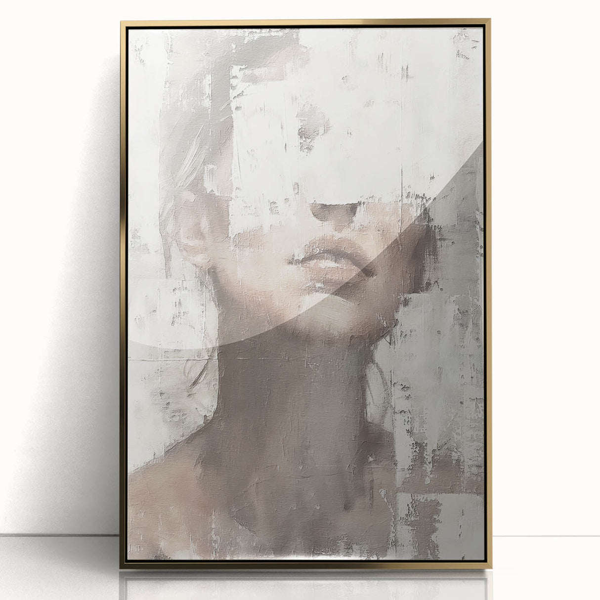 Framed abstract figurative wall art showcasing a gold-acrylic design, perfect for modern home decor. The piece features fluid shapes and vibrant colors, enhancing any interior space. Ideal for art enthusiasts seeking a striking focal point.