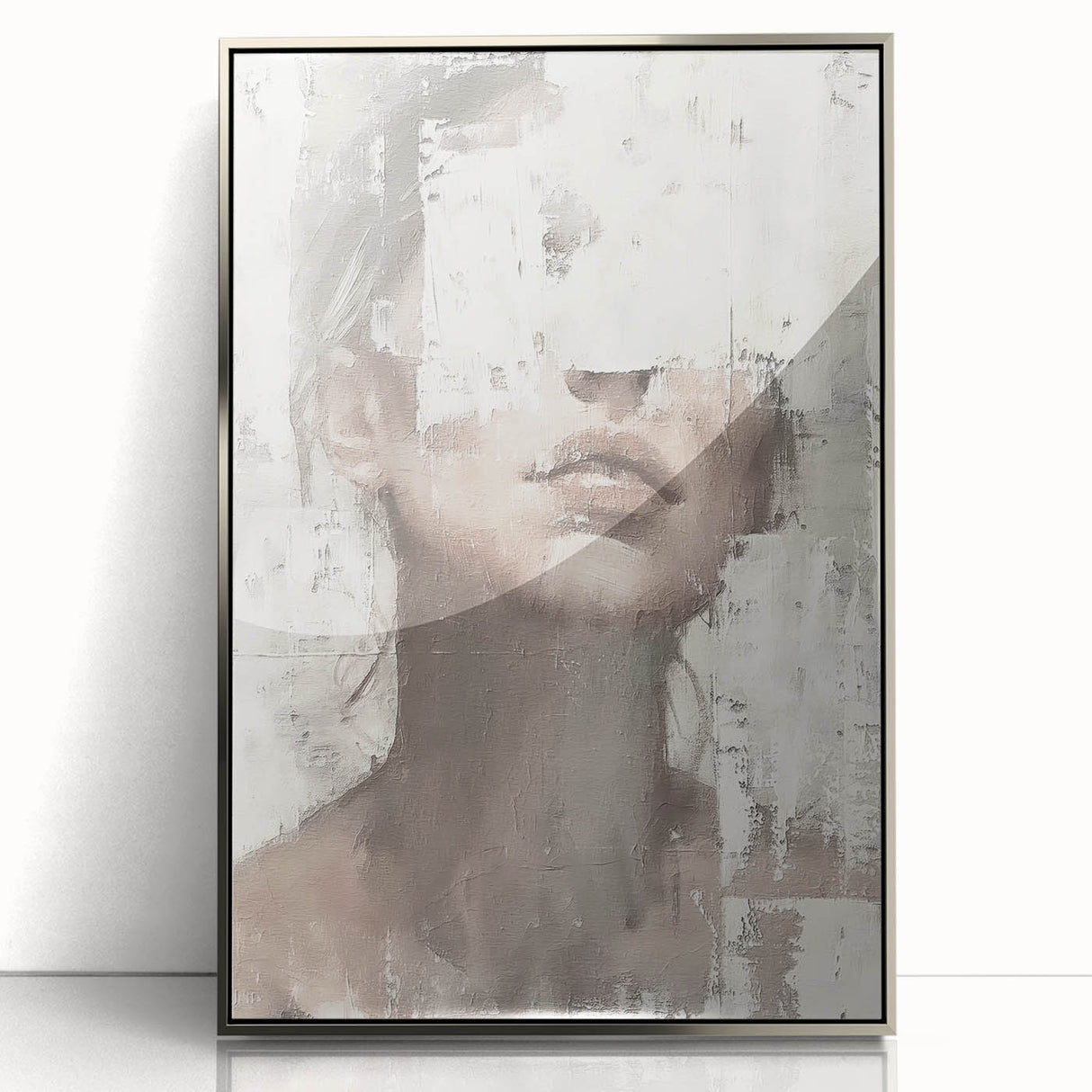 Framed abstract figurative wall art in silver acrylic, showcasing a modern design with fluid shapes and soft color gradients, ideal for contemporary décor accents.