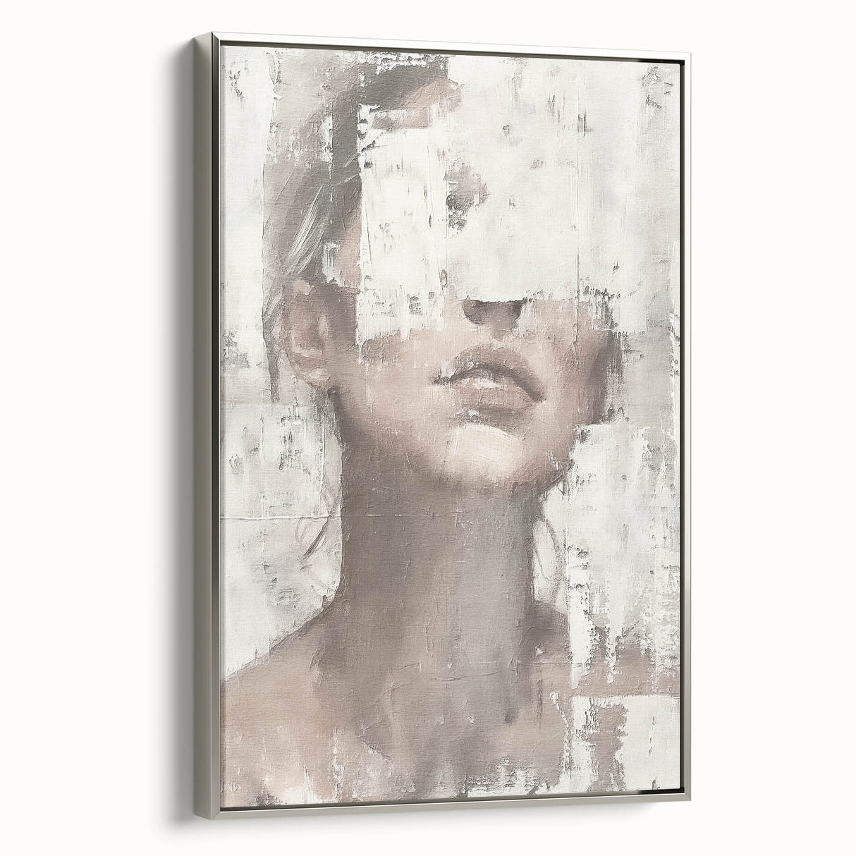 Framed abstract figurative wall art showcasing dynamic shapes and colors, featuring a sleek silver frame and a side view that highlights its modern aesthetic.