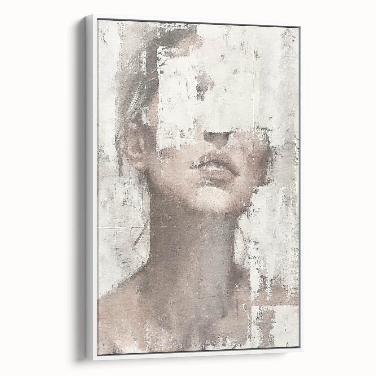 Abstract figurative wall art in a white frame, showcasing vibrant colors and dynamic shapes, designed to enhance modern interior spaces. Perfect for adding a creative touch to living rooms or offices.