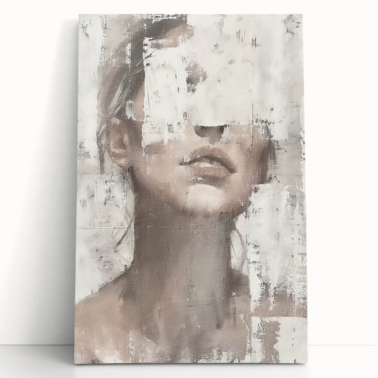 Abstract figurative wall art on a stretched canvas displaying vibrant colors and dynamic shapes, leaning against a neutral wall, perfect for modern home decor.