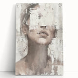 Abstract figurative wall art on a stretched canvas displaying vibrant colors and dynamic shapes, leaning against a neutral wall, perfect for modern home decor.