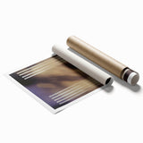 Abstract geometric rolled print showcasing vibrant blue, orange, and yellow shapes, ideal for modern home decor. Packaged in a protective cardboard tube for easy transport and storage.