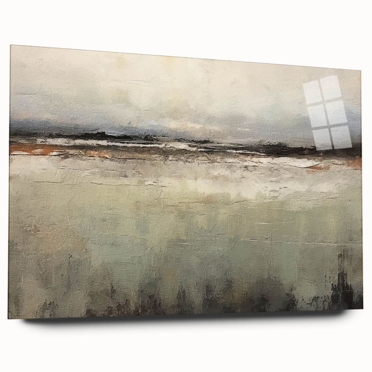 Abstract landscape wall art displayed behind acrylic glass, showcasing vibrant colors and fluid shapes, ideal for modern home decor. Side view highlights pin-free mounting for a sleek appearance.