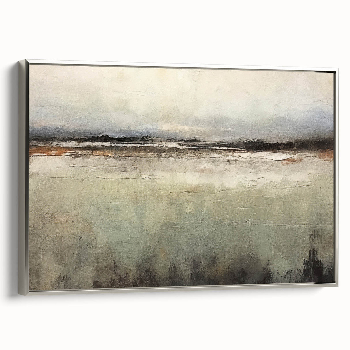Framed canvas artwork showcasing an abstract landscape in muted tones with a silver frame, perfect for modern home decor or office settings. The piece adds a sophisticated touch to any wall space.