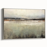 Framed canvas artwork showcasing an abstract landscape in muted tones with a silver frame, perfect for modern home decor or office settings. The piece adds a sophisticated touch to any wall space.