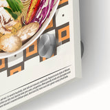 Large abstract wall art featuring assorted food dishes in vibrant colors on acrylic glass, ideal for dining room decor.