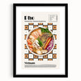 Extra large abstract art print featuring colorful, textured depictions of various food dishes, framed with a black mat.