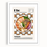 Abstract art print featuring assorted food dishes in vibrant colors on a white framed mat, suitable for dining room decor.