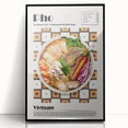 Large abstract wall art featuring assorted food dishes in a mid-century modernist style, framed in black acrylic.