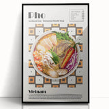 Large abstract wall art featuring assorted food dishes in a mid-century modernist style, framed in black acrylic.