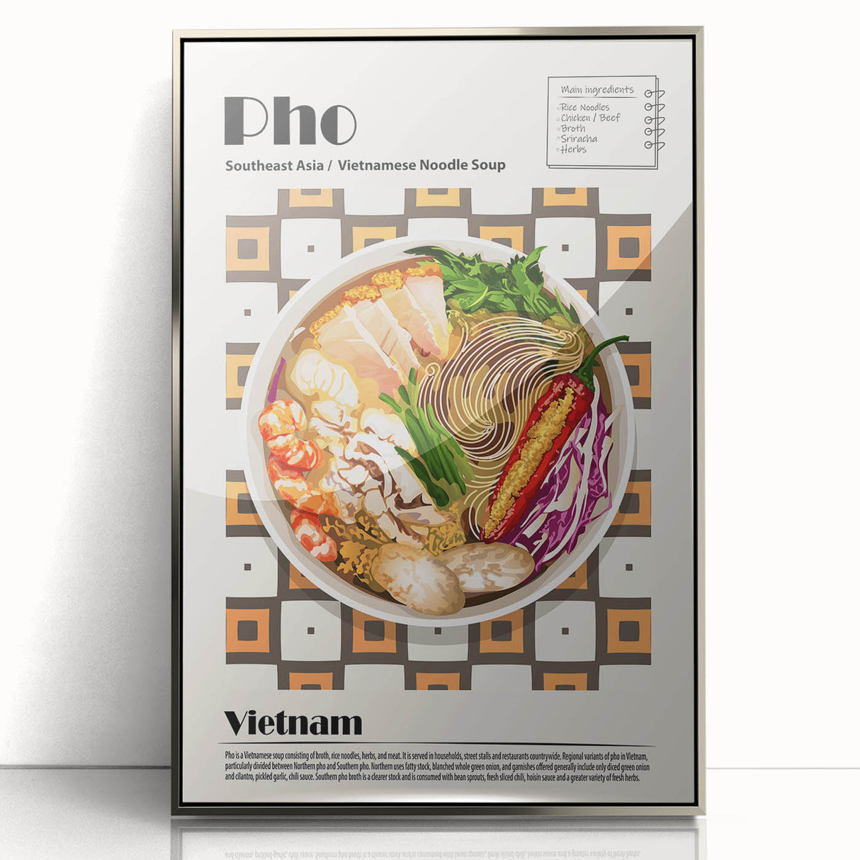 Mid-century modernist art depicting various food dishes in muted colors on a framed acrylic, ideal for modern kitchen decor.