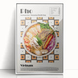 Art deco poster of assorted dishes in muted colors on white acrylic, ideal for modern kitchen decor.