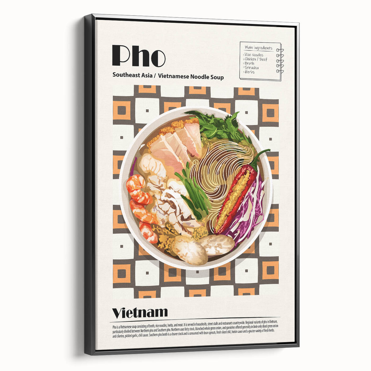 Black and white vintage poster art of food dishes on framed canvas, suitable for bedroom wall decor.