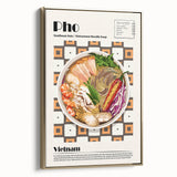 Framed canvas featuring vintage poster art of various food dishes in black and gold, ideal for bedroom wall decor.
