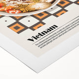 Art deco poster featuring an array of colorful food dishes on rolled canvas, suitable for dining room decor.