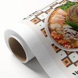 Art Deco poster of assorted food dishes in pastel colors on rolled canvas.