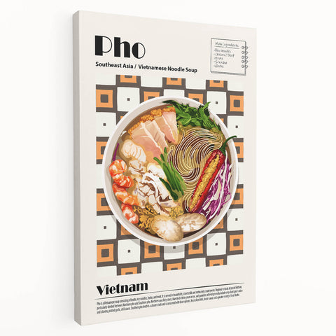 Wall art featuring an array of colorful food dishes on a stretched canvas, ideal for kitchen wall decor.
